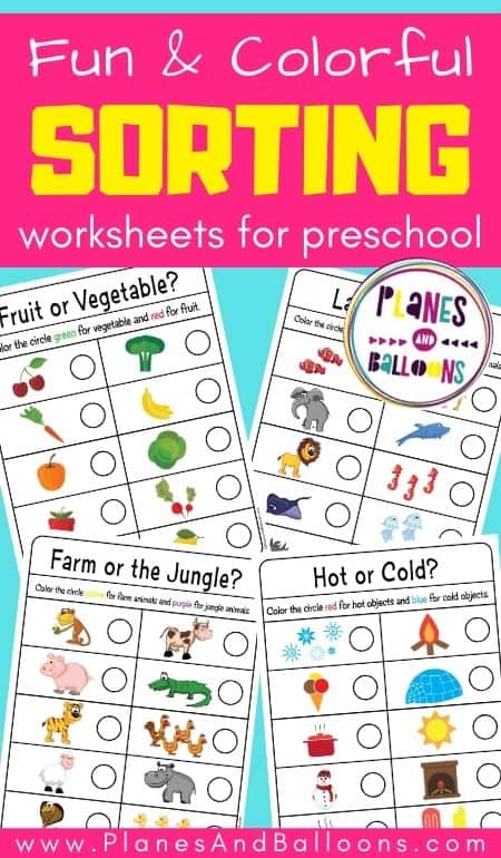 Sorting worksheets for preschool - pages scattered on blue background