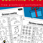 Christmas counting to 10 worksheets on blue background with red text overlay
