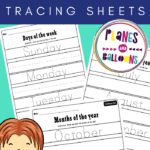 Days of the week and months of the year tracing worksheets on a blue background