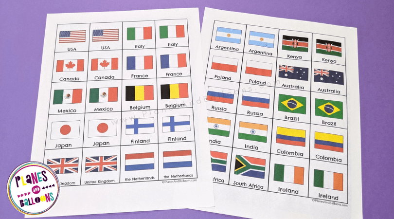 Flags of the world memory game for kids