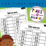 ten more ten less worksheets on a green background with a clipart of a boy