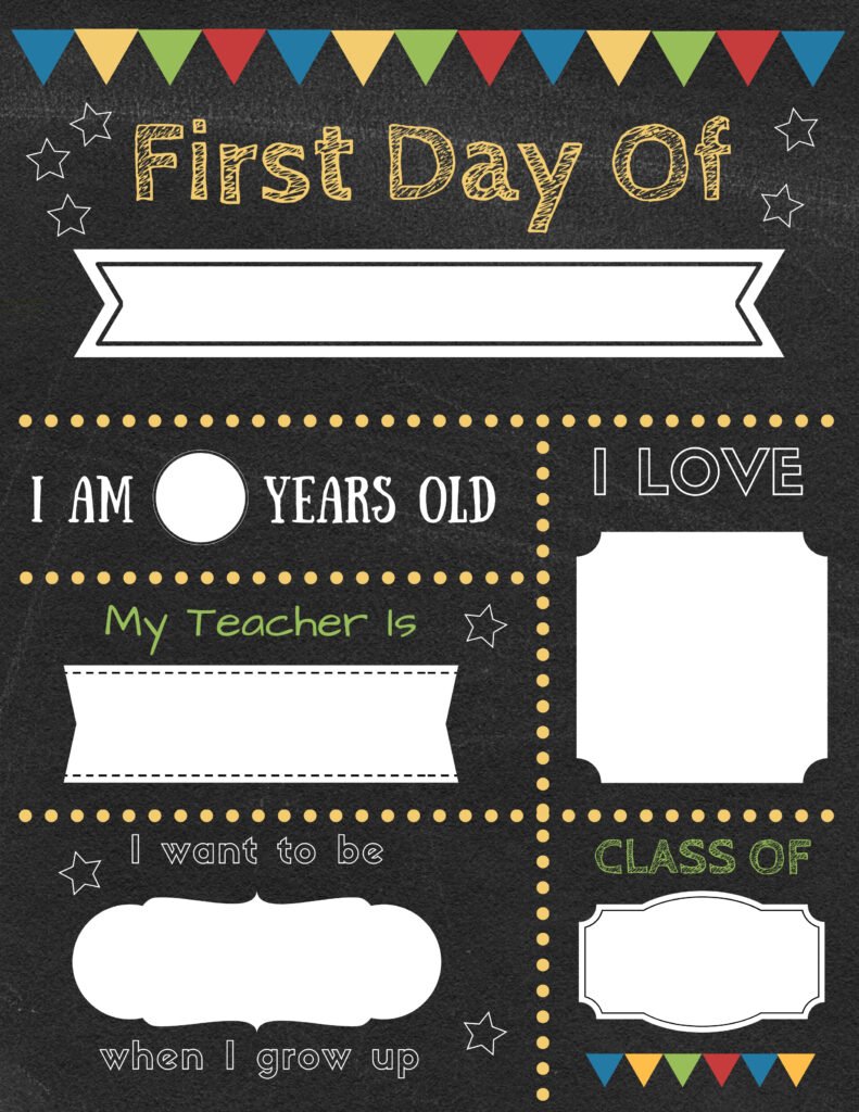 Editable first day of school signs on black chalboard