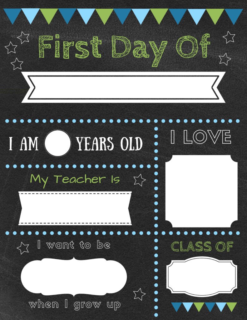 Editable first day of school signs on black chalkboard with boy colors - green and blue