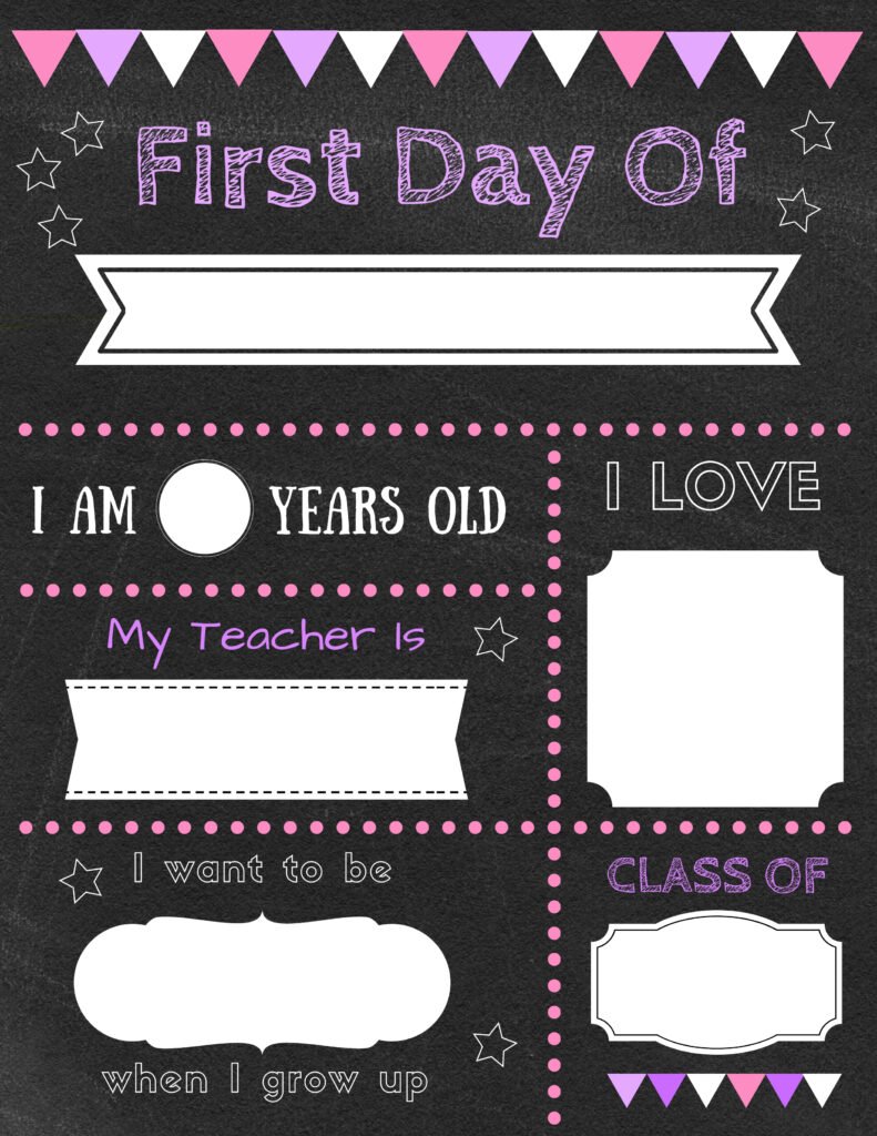 Editable first day of school signs on black chalkboard with girl colors - pink and purple