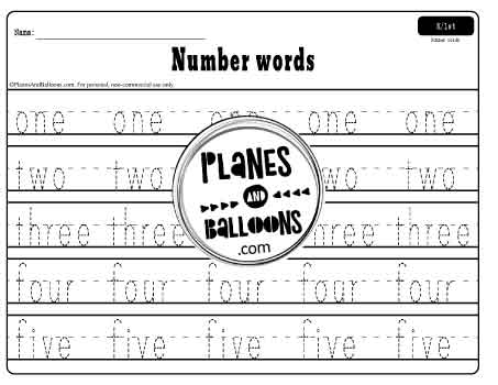 Tracing number words 1 to 5 worksheet