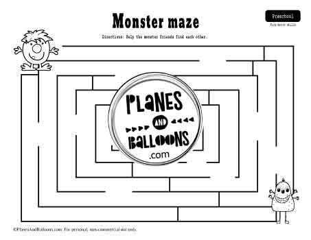 Monster maze worksheet for preschoolers