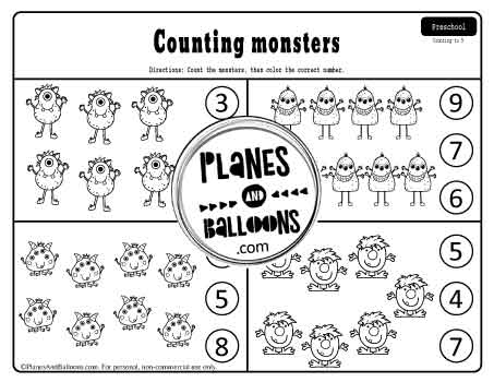 Counting monsters worksheets for preschool