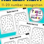 Free printable number recognition worksheets for kindergarten for numbers 11-20 - three worksheets on blue background with a yellow text overlay