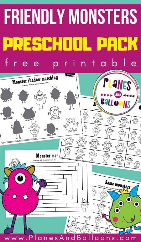 Monster worksheets for preschoolers on blue background with purple text overlay