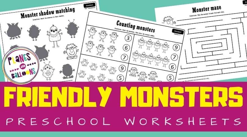 Monster worksheets for preschoolers on blue background with purple text overlay