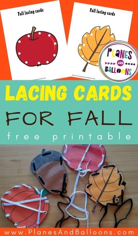Printable lacing cards for fall - pictures of lacing cards on orange background with blue text overlay