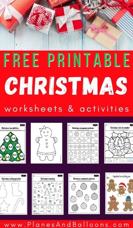 Free printable Christmas worksheets displayed on purple background with red text overlay