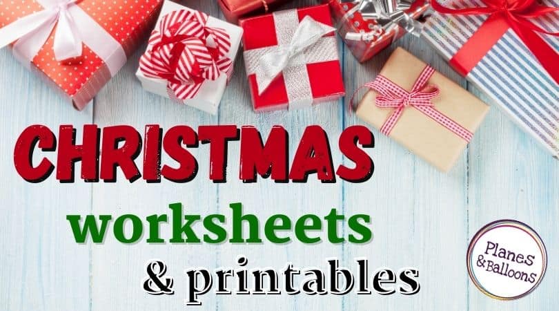 Free printable Christmas worksheets - text on white wood with Christmas gifts on top