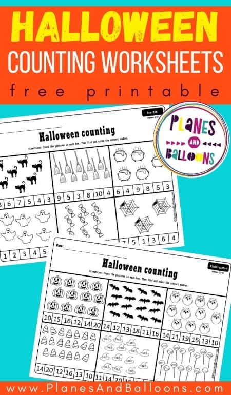 Halloween counting worksheets for preschoolers - two worksheets on blue background with orange text overlay