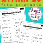 Mixed Addition and Subtraction within 20 worksheets - two first grade worksheets on blue background with green text overlay