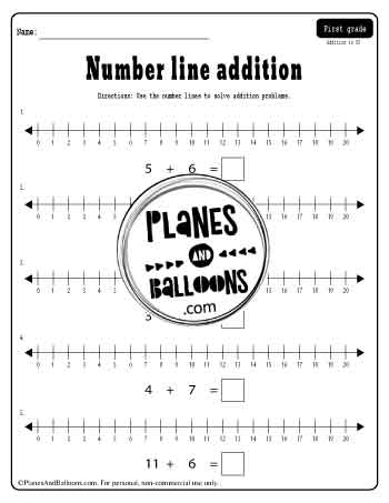 Number line addition to 20 worksheet example