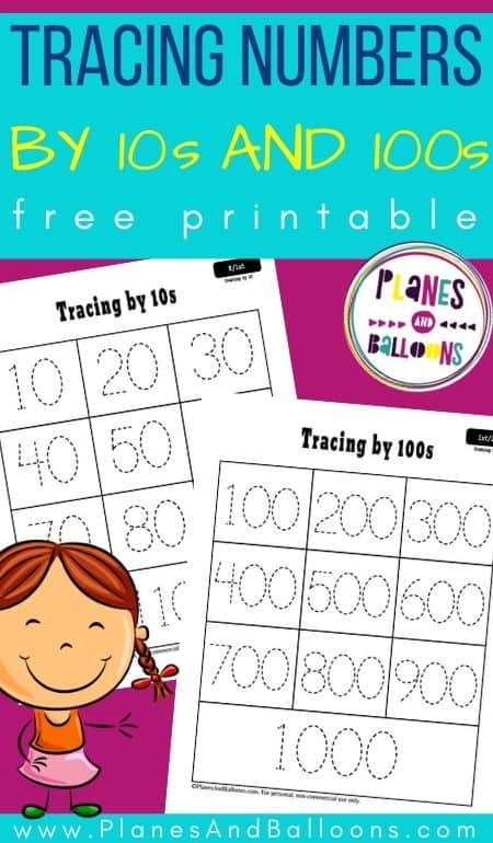 Tracing numbers by tens and hundreds - two worksheets on purple background with little girl vector in foreground