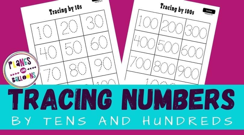 Tracing numbers by tens and hundreds - two worksheets on purple background
