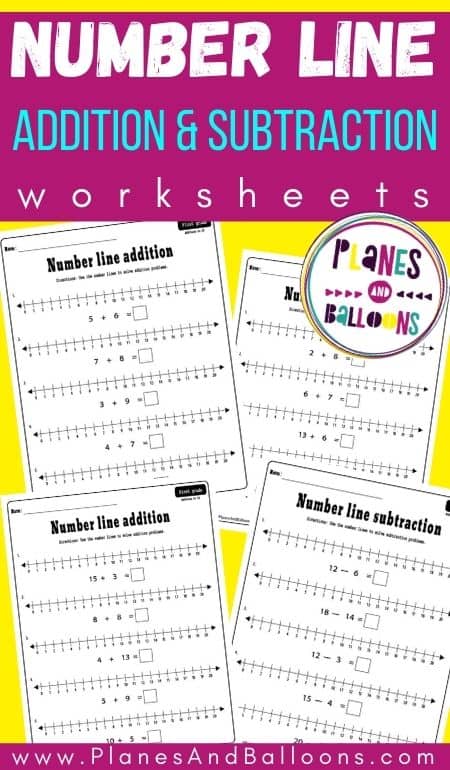 Number line addition and subtraction worksheets on a yellow background with purple text overlay
