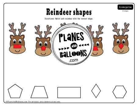 Christmas math worksheet for preschool - matching shapes with reindeer