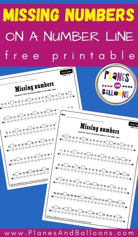 Missing numbers on a number line worksheets - two pages on blue background