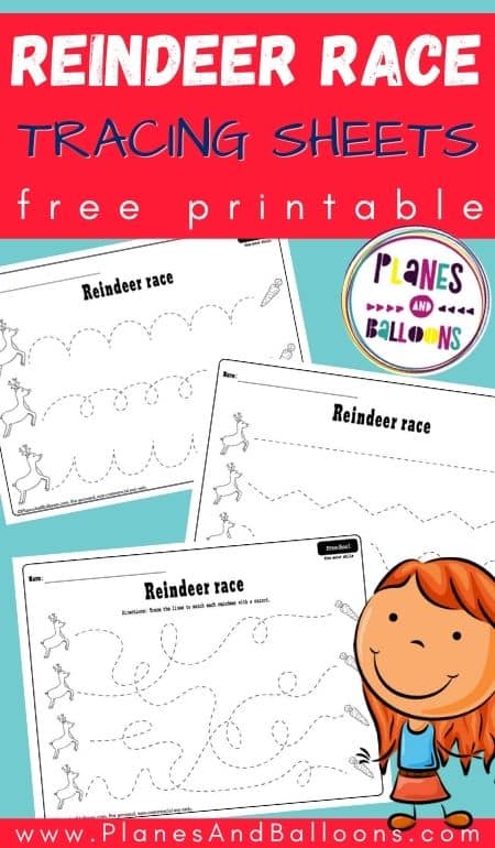 Reindeer tracing worksheets for preschool - three pages on blue background with a girl clipart