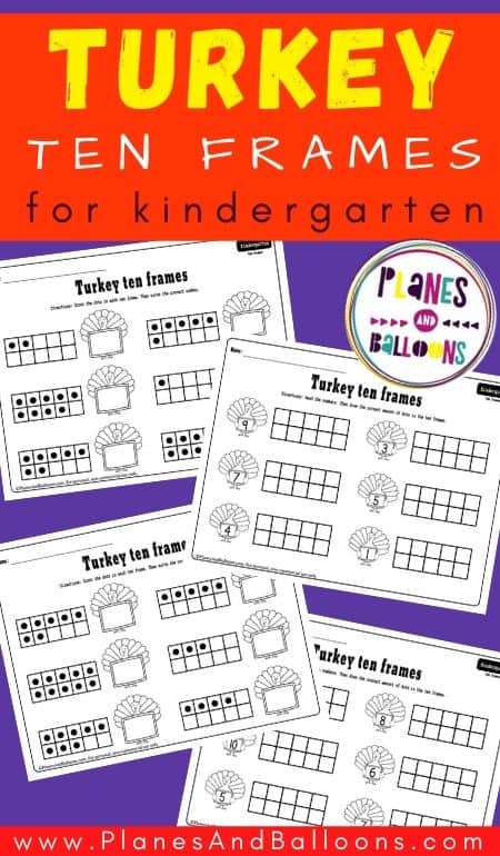 Thanksgiving ten frames worksheets for kindergarten - four pages on purple background
