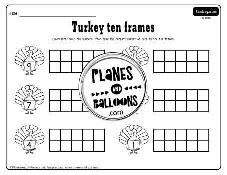 Thanksgiving turkey ten frame worksheet