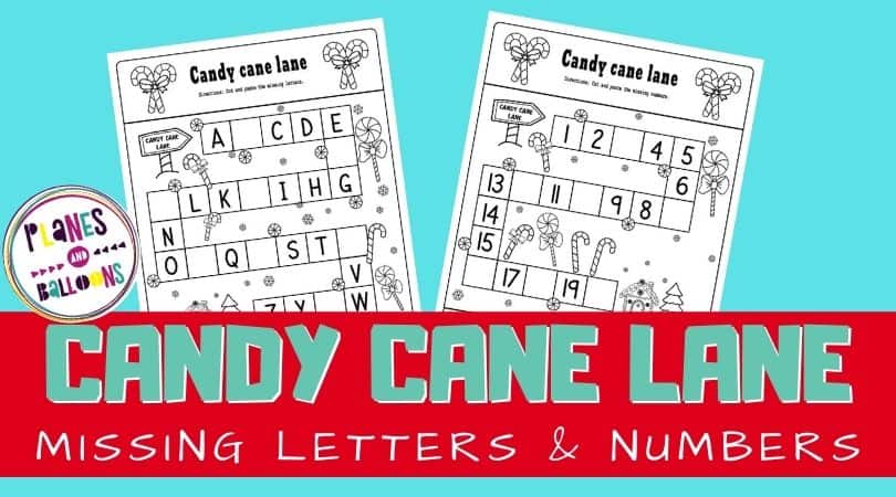 Christmas missing letters and numbers worksheets - two pages on blue background