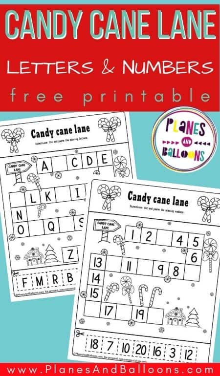 Christmas missing letters and numbers worksheets - two pages on blue background