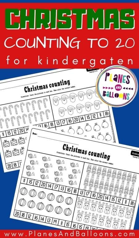 Christmas counting to 20 worksheets for kindergarten - two pages in dark blue background with red text overlay