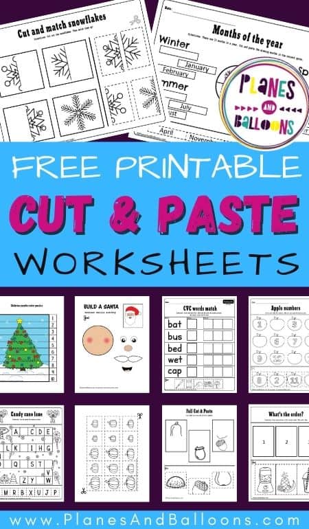 Cut and paste worksheets PDF - several pages displayed on purple background with blue text overlay