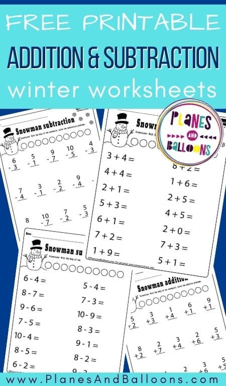 Winter addition and subtraction worksheets for kindergarten - four pages on blue background with text overlay