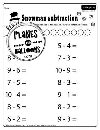 Winter subtraction worksheet - subtraction within 10