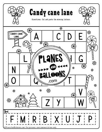 Candy cane lane missing letters alphabet worksheet