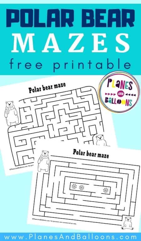 Polar bear mazes worksheets - two pages on light blue background