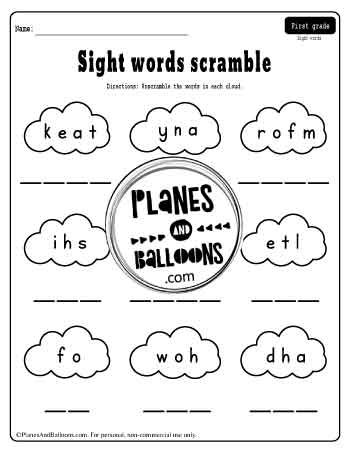 Sight word scramble Grade 1 worksheet - letters inside clouds with lines under to write on