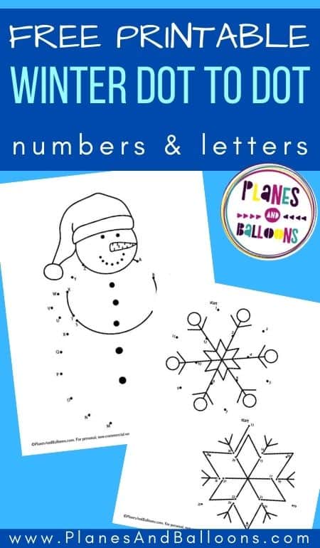 Snowman and snowflakes dot to dot worksheets - two printable pages in blue background