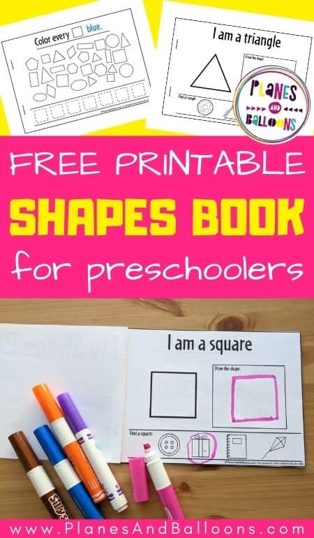 Shape book pages on yellow background with a photo of the shape book at the bottom