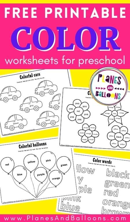 Color words worksheets on yellow background with pink text overlay