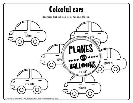Color words worksheet - cars to color by color word