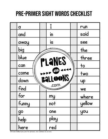 Pre-primer sight words checklist
