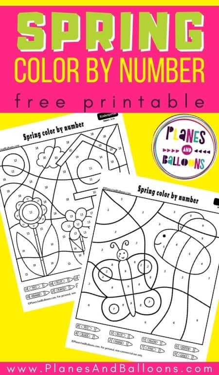 Spring color by number worksheets on yellow background with pink text overlay