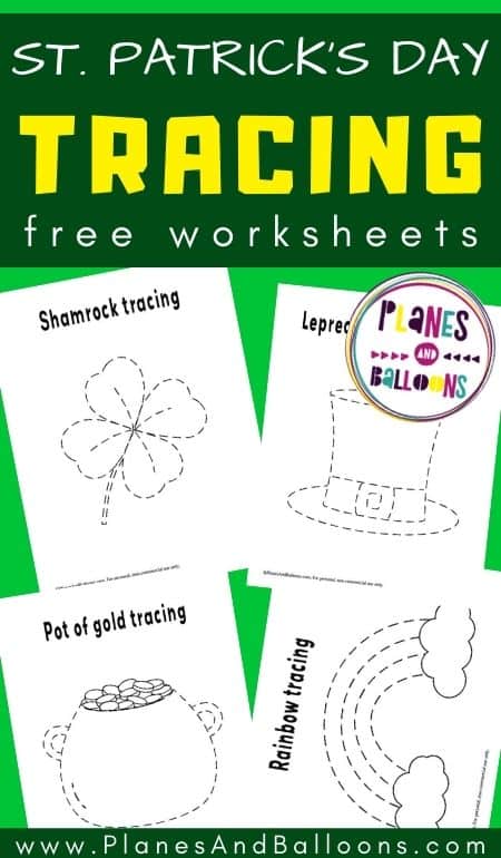 Tracing worksheets on green background with text overlay