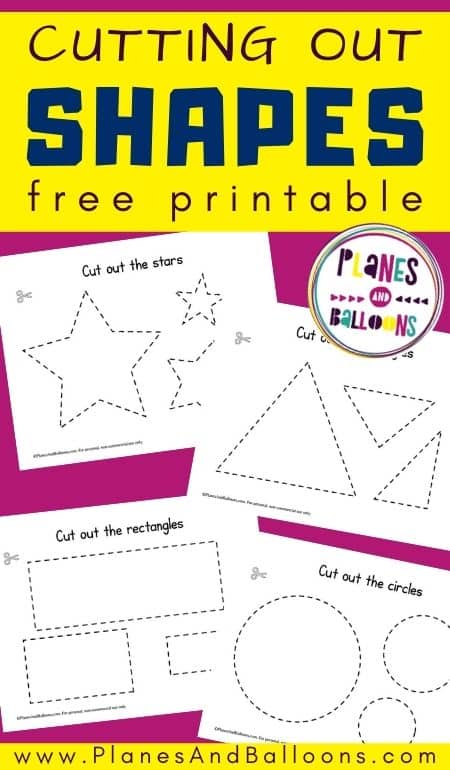 Shapes worksheets on purple background with yellow text overlay