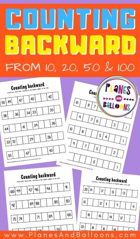 Counting backward worksheets from 100, 50, 20, 10 on purple background with text overlay