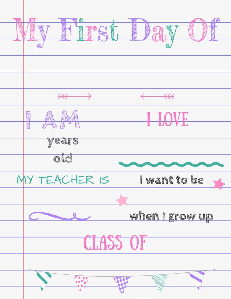 First day of school sign on lined paper