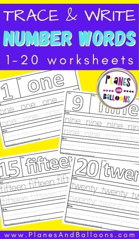 Four number words worksheets on yellow background with text overlay