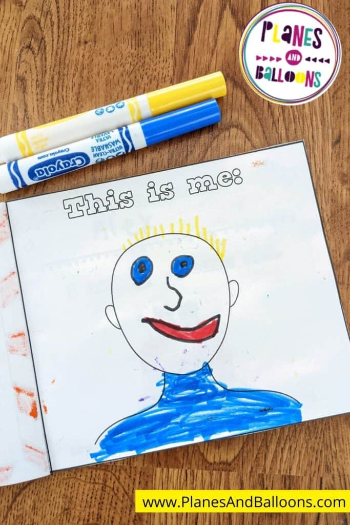 All about me booklet first page self-portrait with markers