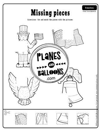 Cut and paste missing pieces of pictures of American symbols - worksheet